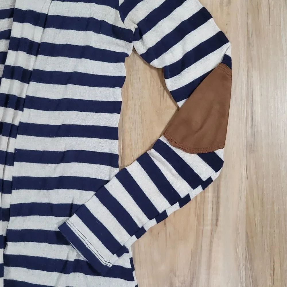 🔸️Always Me Blue Striped Open Front Elbow Patch Sweater Medium - Picture 6 of 9
